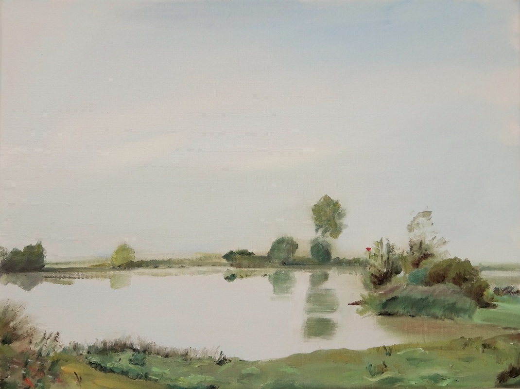 Oil Painting IJssel riverbank misty morning